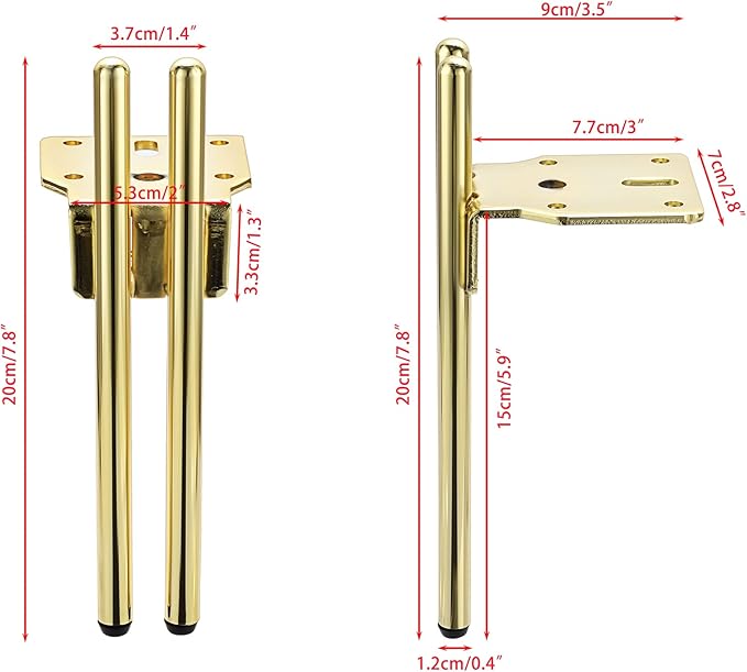 Zohra Hardware 6" + 2" H shape Gold Metal Furniture Legs – 4PC Set
